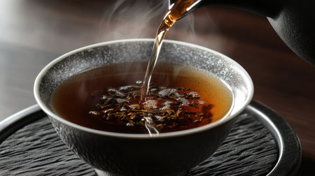 A close-up of a steaming pot of oolong tea being poured into an elegant porcelain teacup, with tea leaves floating inside.の素材