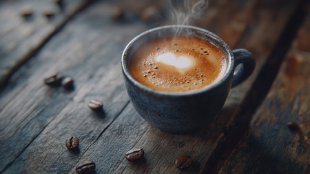 A close-up of a steaming cup of espresso with rich crema on top, served on a rustic wooden table with a few coffee beans scattered around.の素材