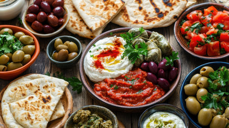 A colorful mezze platter featuring baba ghanoush, dolmas, labneh, olives, and freshly baked pita.の素材