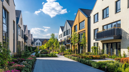 Explore a modern suburban housing estate featuring stylish homes and vibrant landscaping, perfect for family living in a bright, welcoming environment.の素材
