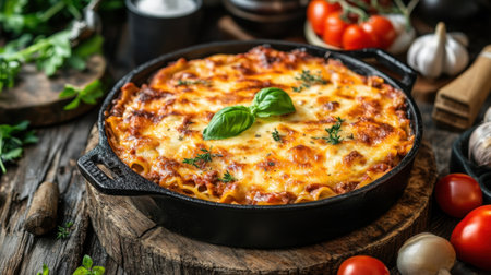 A freshly baked lasagna with bubbling cheese, golden crust, and layers of rich meat sauce, served in a cast iron dish.の素材