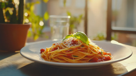 A close-up of a plate of homemade spaghetti with tomato sauce and basil, garnished with grated Parmesan, served on a rustic dining table.の素材