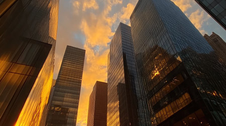 A stunning golden sunset illuminates Manhattan's iconic skyscrapers, casting long shadows and creating a vibrant urban landscape. A perfect cityscape for travel and tourism.の素材