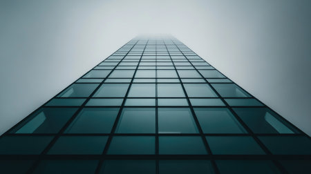 A striking high-rise residential building features a sleek glass facade, showcasing modern architectural design. Ideal for urban and lifestyle themes.の素材