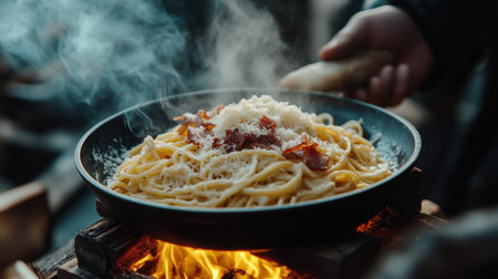 A steaming plate of spaghetti carbonara with crispy pancetta, creamy egg sauce, and freshly grated Parmesan, served on a rustic table.の素材