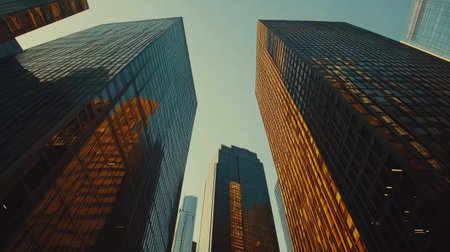 Stunning aerial perspective showcasing towering skyscrapers against the sky, capturing the beauty of modern urban architecture illuminated by natural light.の素材