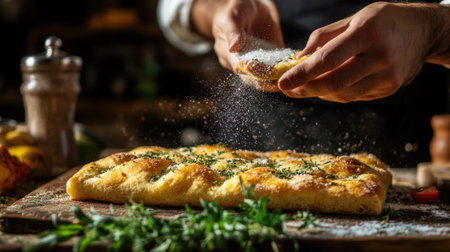A rustic kitchen scene with an Italian chef sprinkling coarse sea salt over a golden, freshly baked focaccia bread.の素材