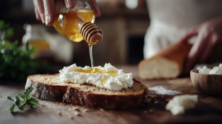 A rustic kitchen scene with fresh ricotta cheese being spread onto a slice of crusty bread, drizzled with honey.の素材