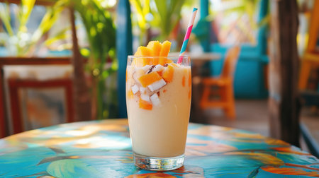 A refreshing smoothie with mango, orange, and coconut, served in a clear glass with a colorful straw, placed on a tropical-themed table.の素材