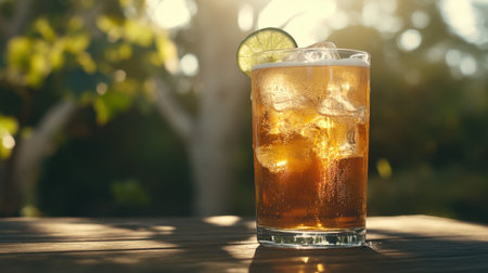 A refreshing pint of beer served in a tall glass with ice cubes and a slice of lime, sitting on a sunlit wooden table outdoors.の素材
