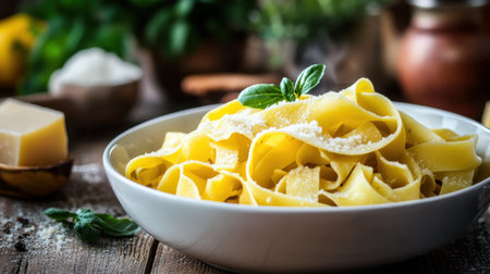 A steaming bowl of fresh pappardelle pasta with a rich, hearty ragu sauce and a sprinkle of Parmesan, served on a rustic wooden table.の素材