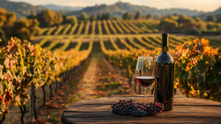 A scenic vineyard shot with rows of grapevines during harvest, and a bottle of wine and a wine glass set on a wooden table nearby.の素材