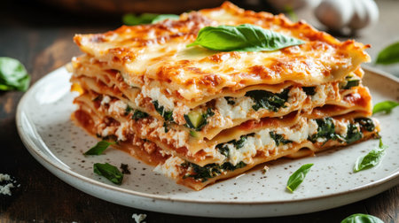 A freshly baked vegetarian lasagna with spinach, ricotta, and zucchini, served on a white ceramic plate with basil garnish.の素材