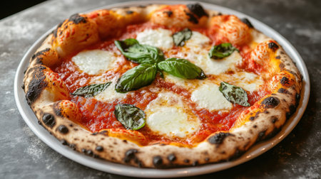 A fresh Neapolitan pizza with a blistered, charred crust and melted mozzarella, garnished with fresh basil and a drizzle of olive oil.の素材