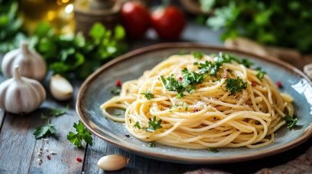 A picturesque Italian outdoor dining scene with a plate of spaghetti aglio e olio, surrounded by fresh ingredients like garlic and parsley.の素材