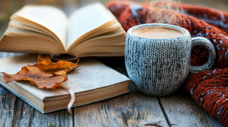 A steaming mug of hot coffee on a cold morning, placed on a wooden table with a cozy blanket and a book beside it.の素材