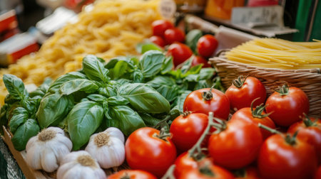 A vibrant Italian market stall displaying fresh tomatoes, basil, garlic, Parmesan, and pasta, bathed in warm natural light.の素材