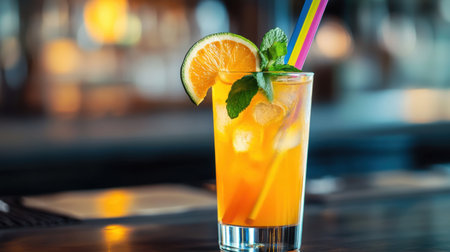 A vibrant cocktail with bright orange juice, garnished with a slice of lime and mint leaves, served in a tall glass with a colorful straw.の素材