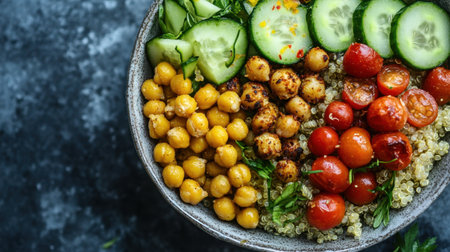 A vibrant Mediterranean grain bowl with quinoa, roasted chickpeas, cherry tomatoes, cucumbers, and a lemon tahini dressing.の素材