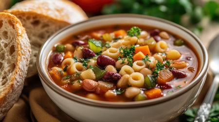 A warm bowl of minestrone soup, packed with vegetables, beans, and pasta, served with a side of crusty bread.の素材
