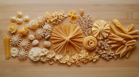 A variety of Italian pasta shapes, including penne, spaghetti, and farfalle, arranged artfully on a wooden table.の素材