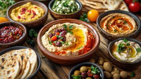 A wooden table covered with Mediterranean dips, including hummus, baba ghanoush, and muhammara, surrounded by fresh pita bread.の素材