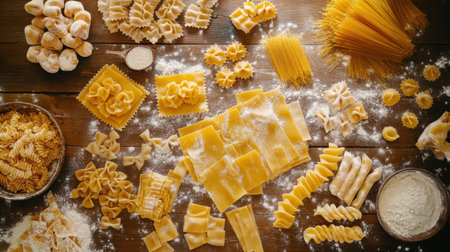 A wooden table covered with different types of fresh homemade pasta, including pappardelle, fusilli, and ravioli, dusted with flour.の素材