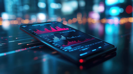 A business report graph on a phone screen with percentage breakdowns of market share.の素材