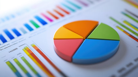 A close-up of a business report featuring a D pie chart with financial percentage data.の素材
