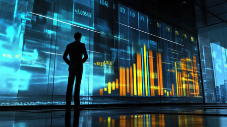 A business presentation with a bar chart displayed on a large screen showing sales figures by region.の素材
