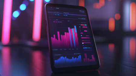 A business graph on a smartphone screen showing bar chart analysis of quarterly profit margins.の素材