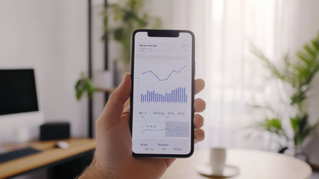 A business report graph on a phone screen with percentage breakdowns of market share.の素材