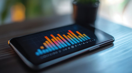 A close-up of a business bar chart on a smartphone, displaying a breakdown of monthly profits.の素材