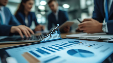 A corporate strategy session with a team analyzing a bar chart on a touchscreen, featuring an upward arrow.の素材