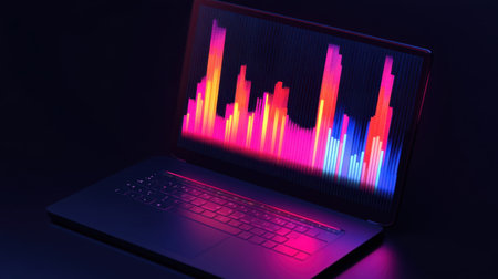 A dark mode bar chart displayed on a laptop showing growth in digital marketing performance.の素材