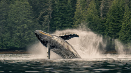 A humpback whale breaching the surface of the water in a stunning display of power and grace.の素材