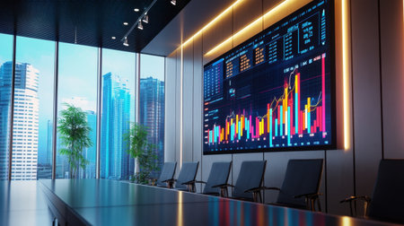 A corporate office setting with a large LED screen displaying a colorful bar chart and trend lines.の素材