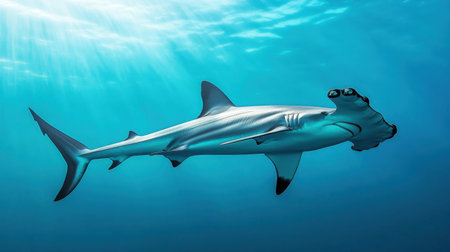 A hammerhead shark gliding silently through the water, its wide head and slender body moving with precision.の素材