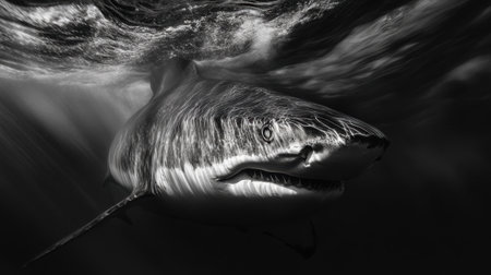 A detailed shot of a sharks face as it swims past the camera, showing its powerful and streamlined body.の素材