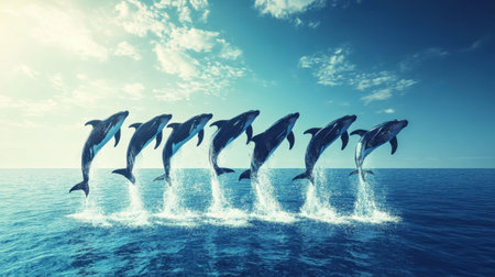 A pod of whales performing a synchronized jump in the deep blue ocean under a bright sky.の素材