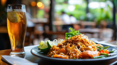 A delicious plate of Pad Krapow in a restaurant setting with an economic upward arrow and percentage values.の素材