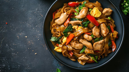 A hearty Thai pad see ew noodle dish with stir-fried chicken, egg, and vegetables in a soy-based sauce.の素材