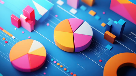 A vibrant business infographic displaying multiple colorful pie charts with data-driven percentages.の素材