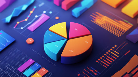 A vibrant business infographic displaying multiple colorful pie charts with data-driven percentages.の素材