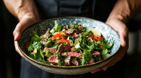 A Thai chef serving a bowl of flavorful Thai beef salad with thinly sliced beef, fresh herbs, and lime dressing.の素材