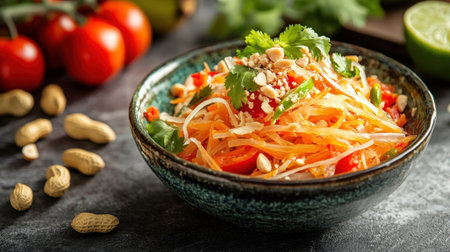 A refreshing Thai papaya salad with shredded papaya, fresh tomatoes, peanuts, and chili, garnished with lime.の素材