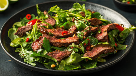 Thai beef salad with tender beef slices, fresh greens, and a tangy lime dressing.の素材