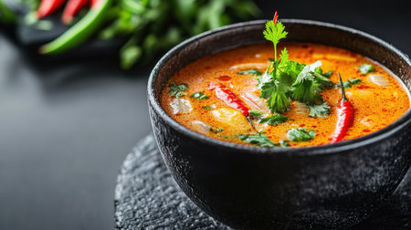 A spicy Tom Yum soup in a bowl with an upward arrow and percentage highlighting its rising demand.の素材