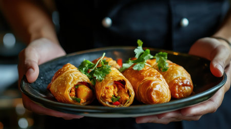 A waiter serving a plate of Thai curry puffs filled with spiced potatoes and chicken, garnished with fresh herbs.の素材