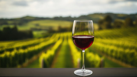 A bold red wine in an elegant wine glass, with a vineyard blurred in the background, capturing a sophisticated ambiance.の素材